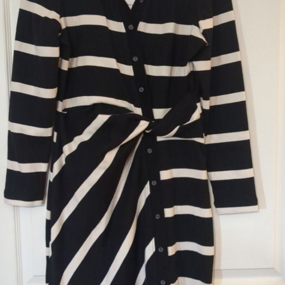 Tanya Taylor Black and Cream Striped Long Sleeve Dress - Picture 5 of 6